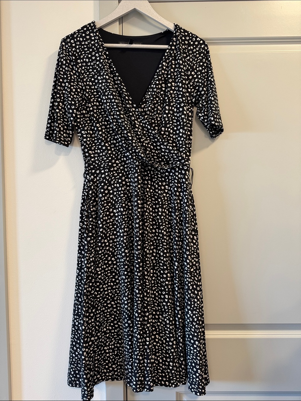 White House Black Market Black and White Printed Wrap Midi Dress